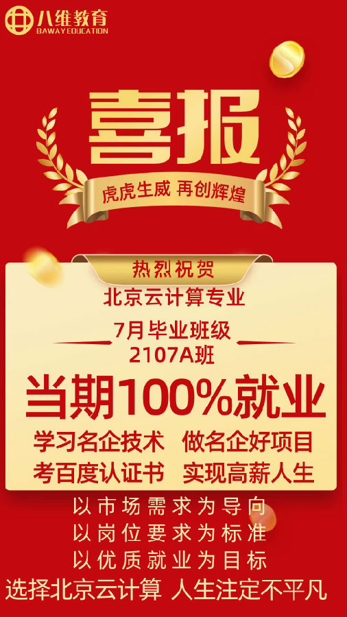 八維職業(yè)學(xué)校北京校區(qū)云計(jì)算專業(yè)七月畢業(yè)班2107A班100%優(yōu)質(zhì)就業(yè)