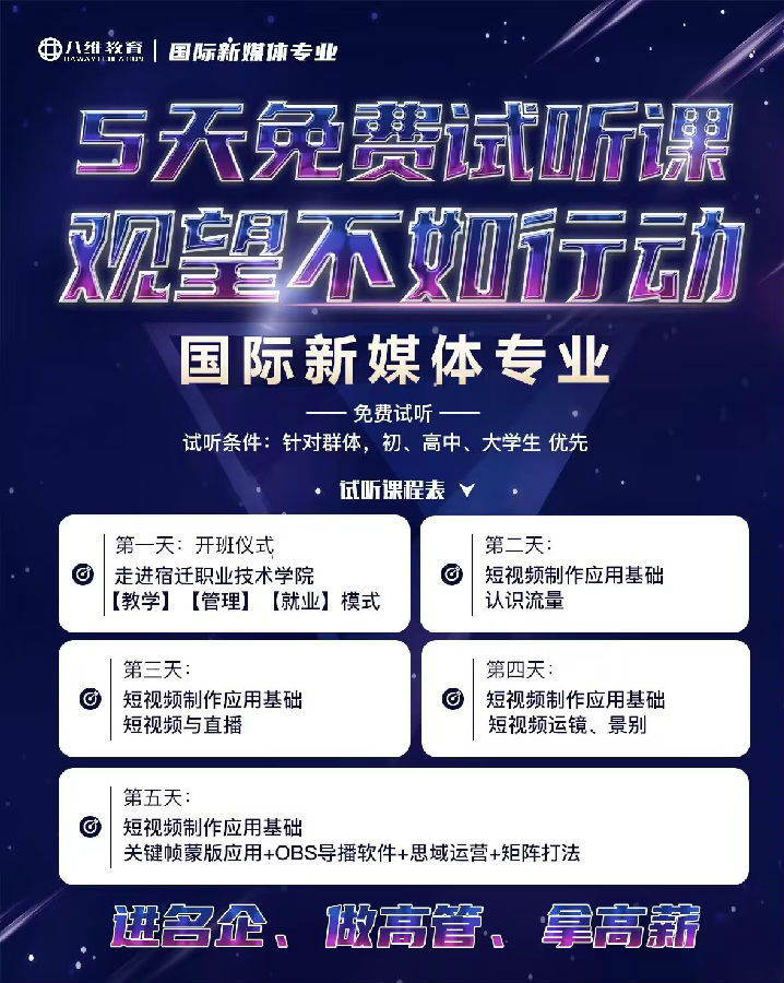 江蘇宿遷八維學(xué)校國際新媒體專業(yè)五天免費試聽課程開班啦