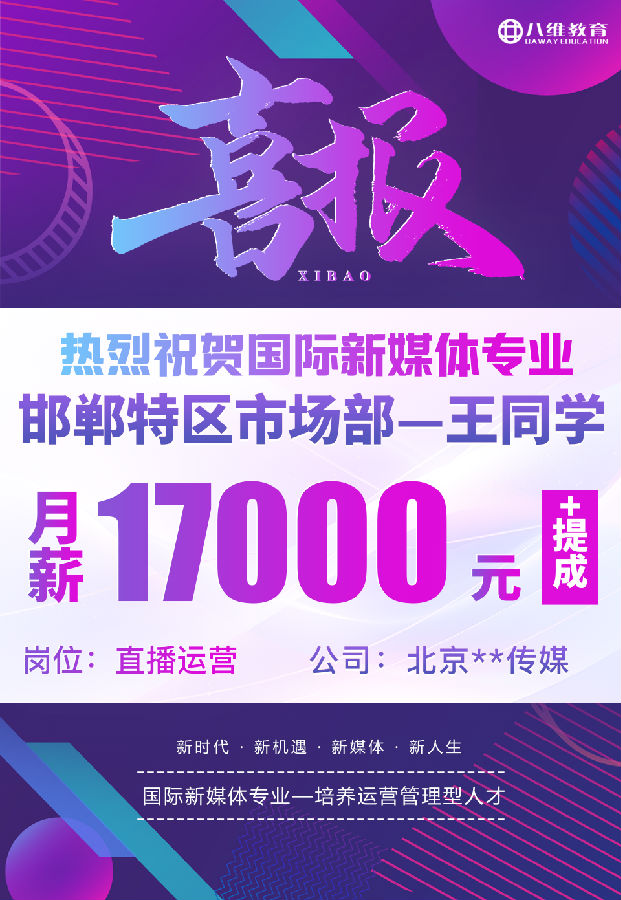 八維職業學校國際新媒體專業最近就業喜報來襲